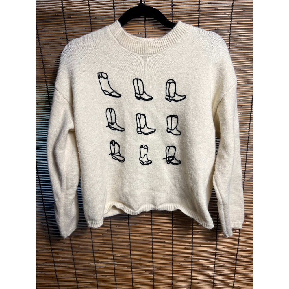 Free Kisses Cream Cowboy Boot Embroidered Crewneck Sweater Medium Western Knit - Picture 1 of 5